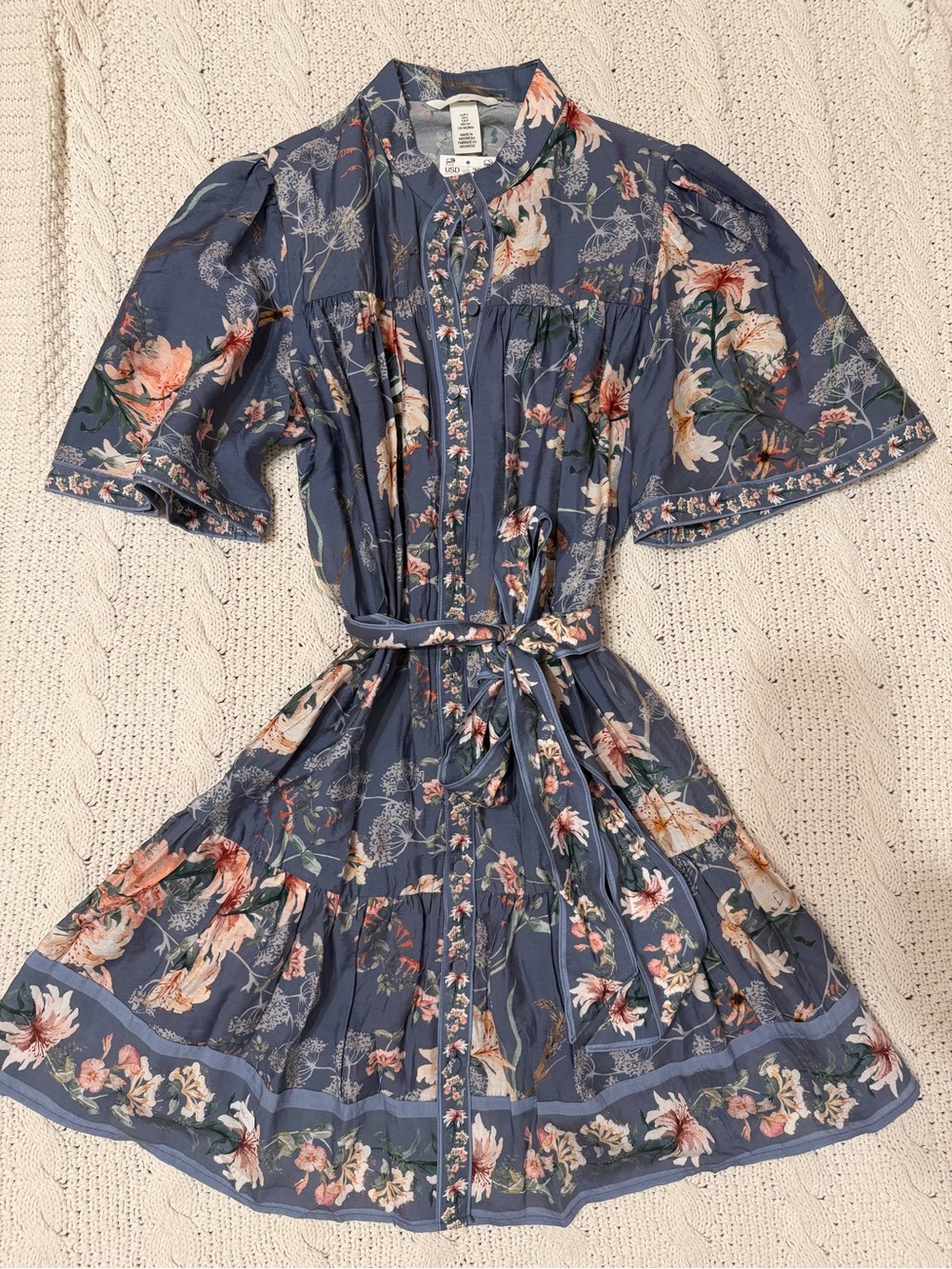 H&M Size Small Blue Floral Belted Button Front Dress NWT